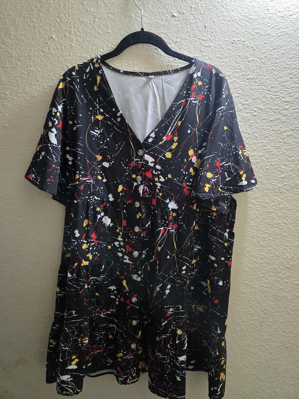 Black Paint-Splash Button Front Dress - Red, Yellow, White Splatter